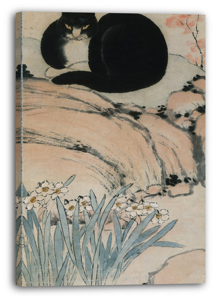 Leinwandbild Zhu Ling - Schwarze Katze und Narzisse