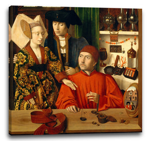 Leinwandbild Petrus Christus (Niederländer, Baarle-Hertog (Baerle-Duc), tätig bis 1444-gest. 1475/76 Brügge) - Ein Goldschmied in seinem Geschäft