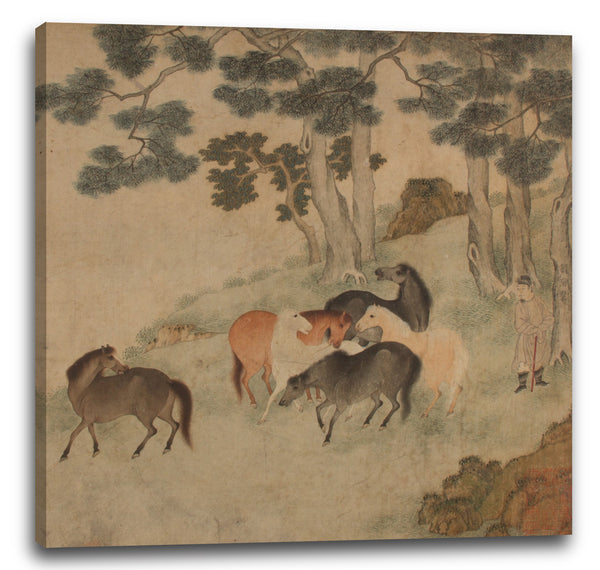 Leinwandbild Nicht identifizierter Künstler - Pferde in der Landschaft mit Begleiter