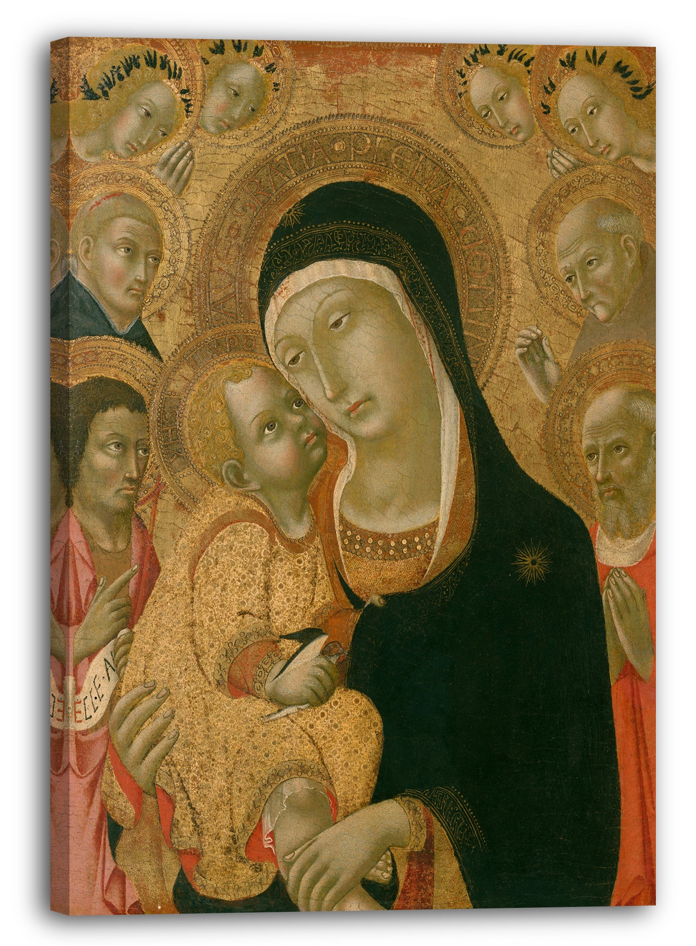 Leinwandbild Sano di Pietro - Madonna und Kind mit Heiligen Johannes der Täufer, Jerome, Peter der Märtyrer und Bernardino und vier Engel