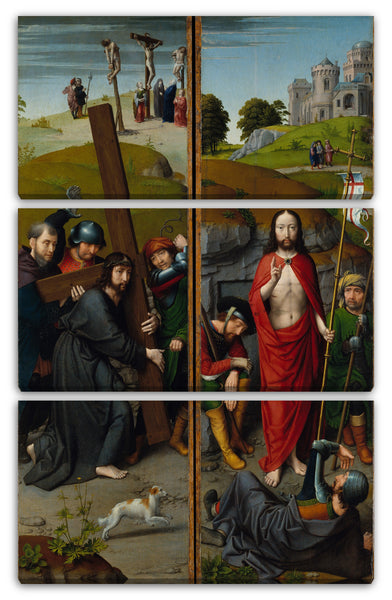 Leinwandbild Gerard David - Christus trägt das Kreuz, mit der Kreuzigung; Die Auferstehung mit den Pilgern von Emmaus