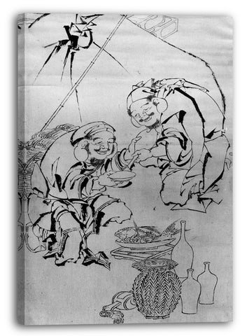 Leinwandbild Katsushika Hokusai zugeschrieben - Ebisu und Daikoku feiern das Neujahrsfest