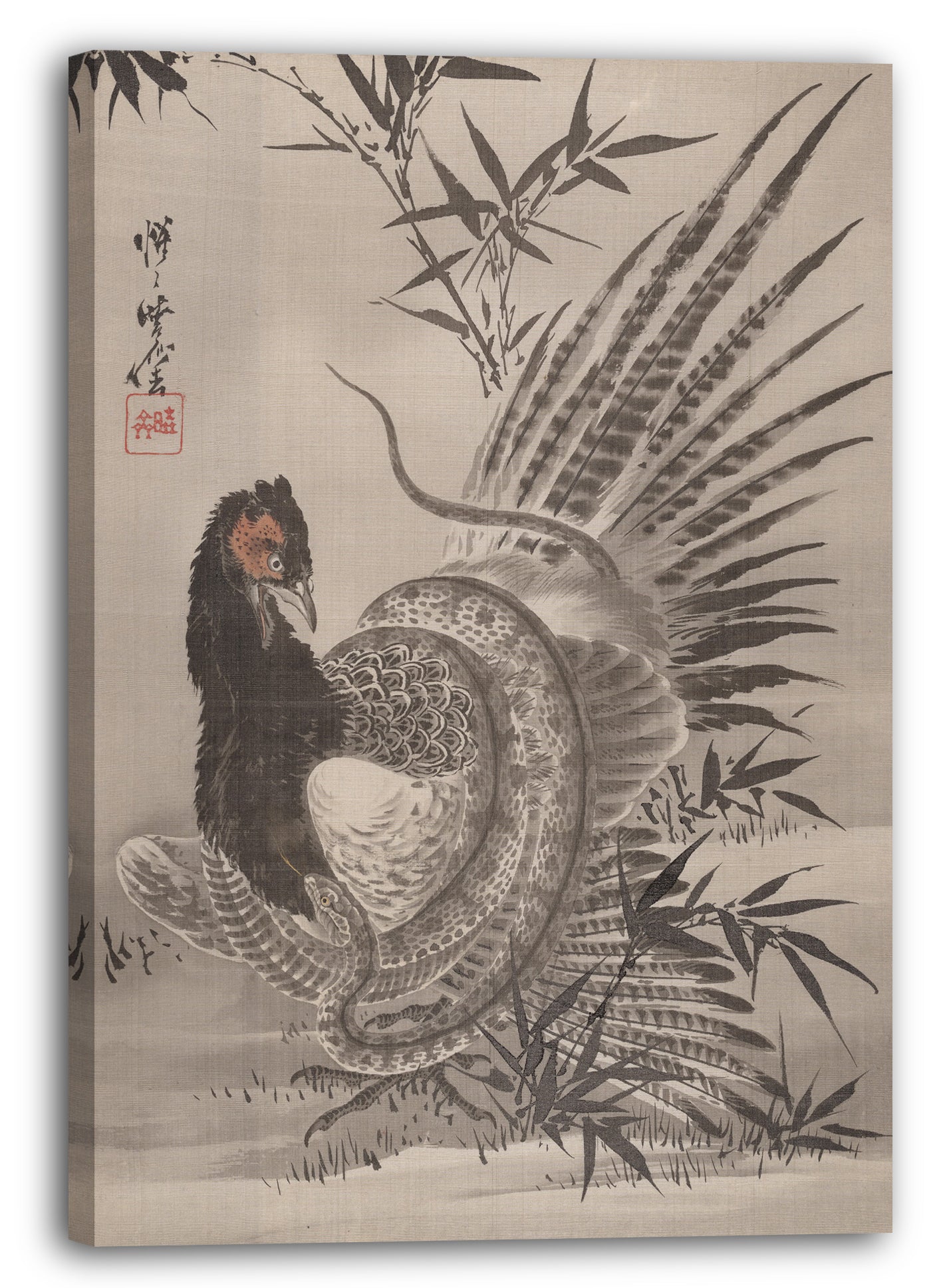 Leinwandbild Kawanabe Kyōsai (Japanisch, 1831-1889) - Fasan von einer Schlange erwischt
