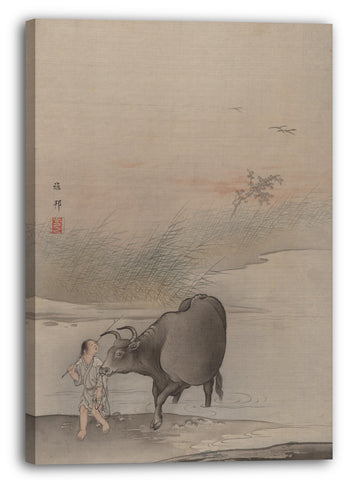 Leinwandbild Hashimoto Gahō - Junge mit Kuh am Rand des Flusses