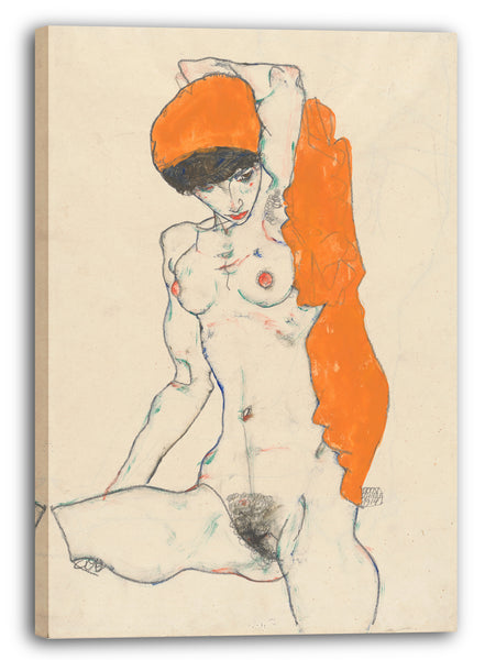 Leinwandbild Egon Schiele - Stehender Akt mit orangenen Drapierungen