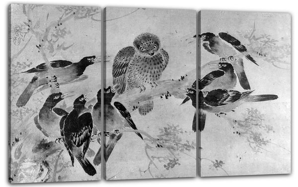 Leinwandbild Nach Sesson Shūkei - Mynah Vögel, die eine Krähe angreifen