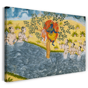 Leinwandbild ca. 1610 - Die Gopis bitten mit Krishna, ihre Kleidung zurückzubringen, Seite von einer Reihe der Bhagavata Purana (alte Geschichten von Lord Vishnu)