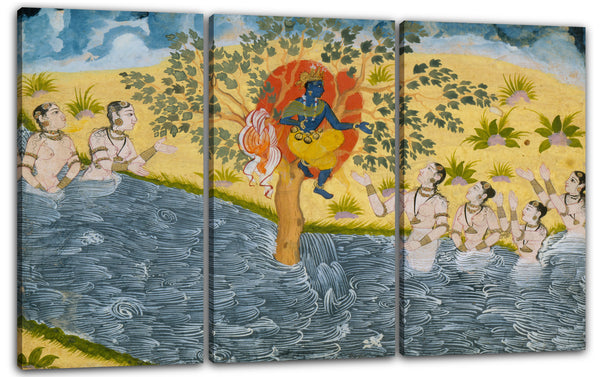 Leinwandbild ca. 1610 - Die Gopis bitten mit Krishna, ihre Kleidung zurückzubringen, Seite von einer Reihe der Bhagavata Purana (alte Geschichten von Lord Vishnu)