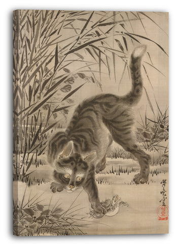 Leinwandbild Kawanabe Kyōsai (Japanisch, 1831-1889) - Katze, die einen Frosch fängt