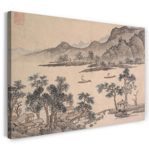 Leinwandbild Shen Zhou zugeschrieben - Landschaft mit Segelbooten