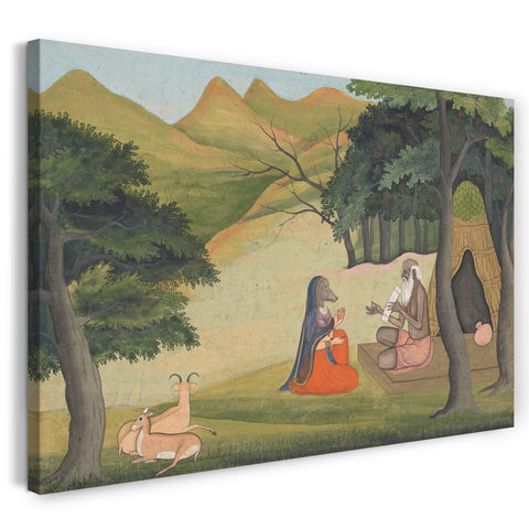 Leinwandbild ca. 1790 - Königin Choladevi vor dem Einsiedler-Weisen Angiras: Seite aus einem verstreuten Vrataraja: (König von Vratas, Riten zur Erfüllung eines Gelübdes)