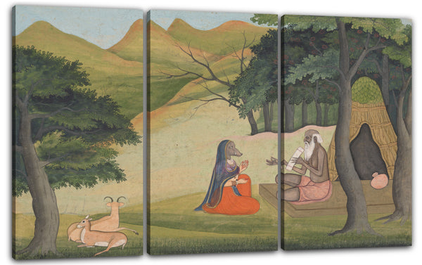 Leinwandbild ca. 1790 - Königin Choladevi vor dem Einsiedler-Weisen Angiras: Seite aus einem verstreuten Vrataraja: (König von Vratas, Riten zur Erfüllung eines Gelübdes)