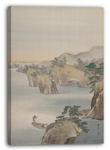 Leinwandbild Kawabata Gyokushō - Flussszene mit felsigen Bergen im Hintergrund