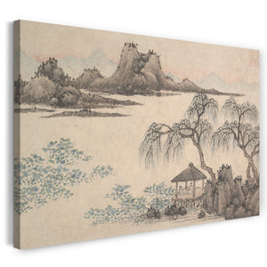 Leinwandbild Shen Zhou zugeschrieben - Landschaft mit Pavillon und Weiden