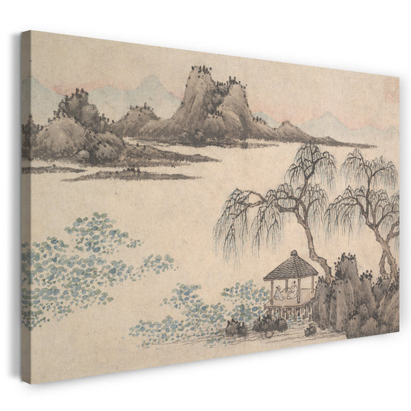 Leinwandbild Shen Zhou zugeschrieben - Landschaft mit Pavillon und Weiden