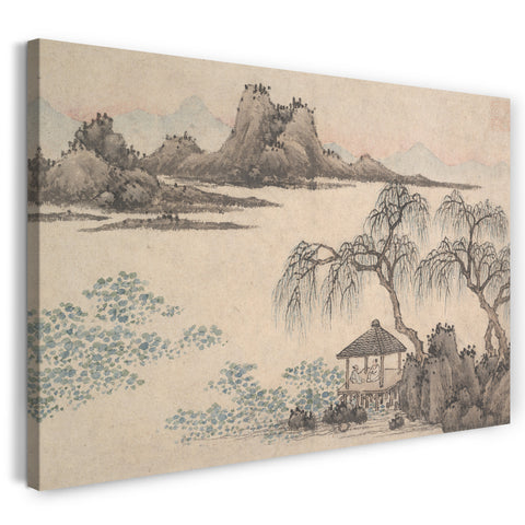 Leinwandbild Shen Zhou zugeschrieben - Landschaft mit Pavillon und Weiden
