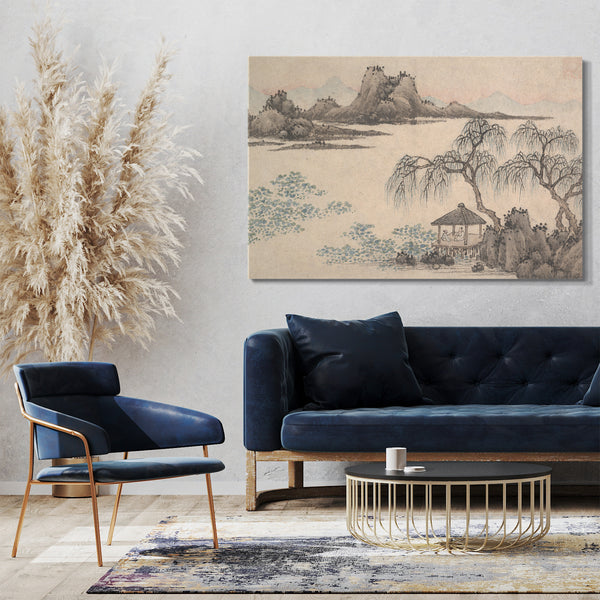 Leinwandbild Shen Zhou zugeschrieben - Landschaft mit Pavillon und Weiden