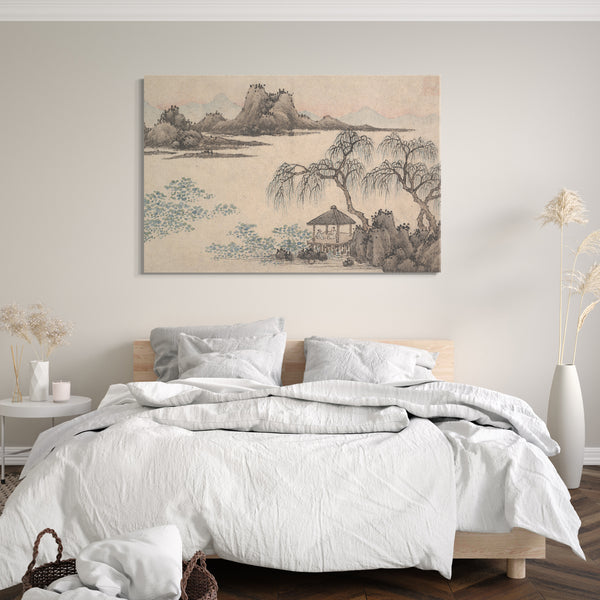 Leinwandbild Shen Zhou zugeschrieben - Landschaft mit Pavillon und Weiden