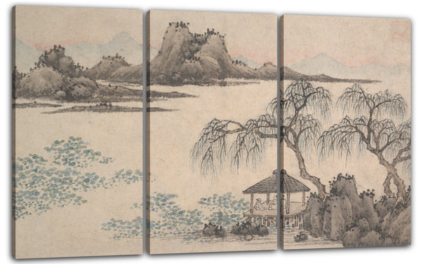 Leinwandbild Shen Zhou zugeschrieben - Landschaft mit Pavillon und Weiden