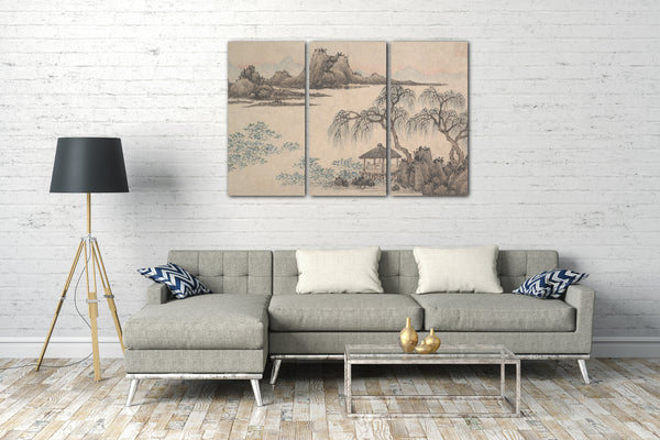 Leinwandbild Shen Zhou zugeschrieben - Landschaft mit Pavillon und Weiden