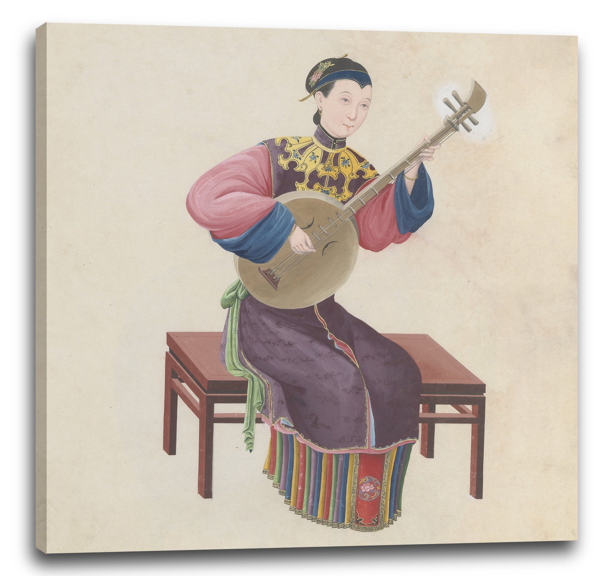 Leinwandbild Ende des 18. Jahrhunderts - Aquarell eines Ruan (?) spielenden Musikers
