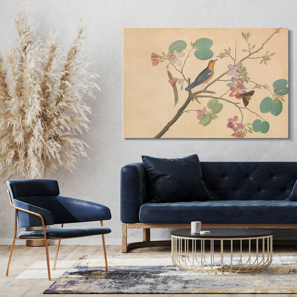 Leinwandbild Shaikh Zain al-Din - Eine Orange-Headed Ground Thrush und eine Death's-Head Moth auf einem Purple Ebony Orchid Branch