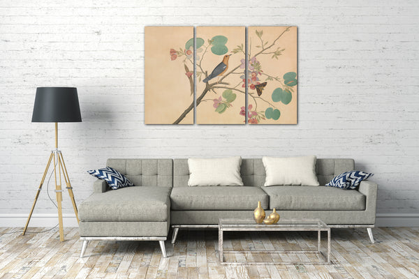 Leinwandbild Shaikh Zain al-Din - Eine Orange-Headed Ground Thrush und eine Death's-Head Moth auf einem Purple Ebony Orchid Branch