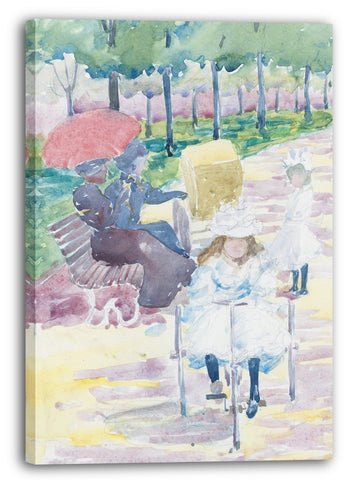 Leinwandbild Maurice Brazil Prendergast - Großes öffentliches Garten-Skizzenbuch Bostons: Ein Mädchen, das ein Dreirad im Park fährt