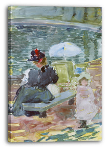 Leinwandbild Maurice Brazil Prendergast - Großes Boston Public Garden Sketchbook: Eine Mutter sitzt am Rand eines Teiches mit ihrem Baby und einer kleinen Tochter