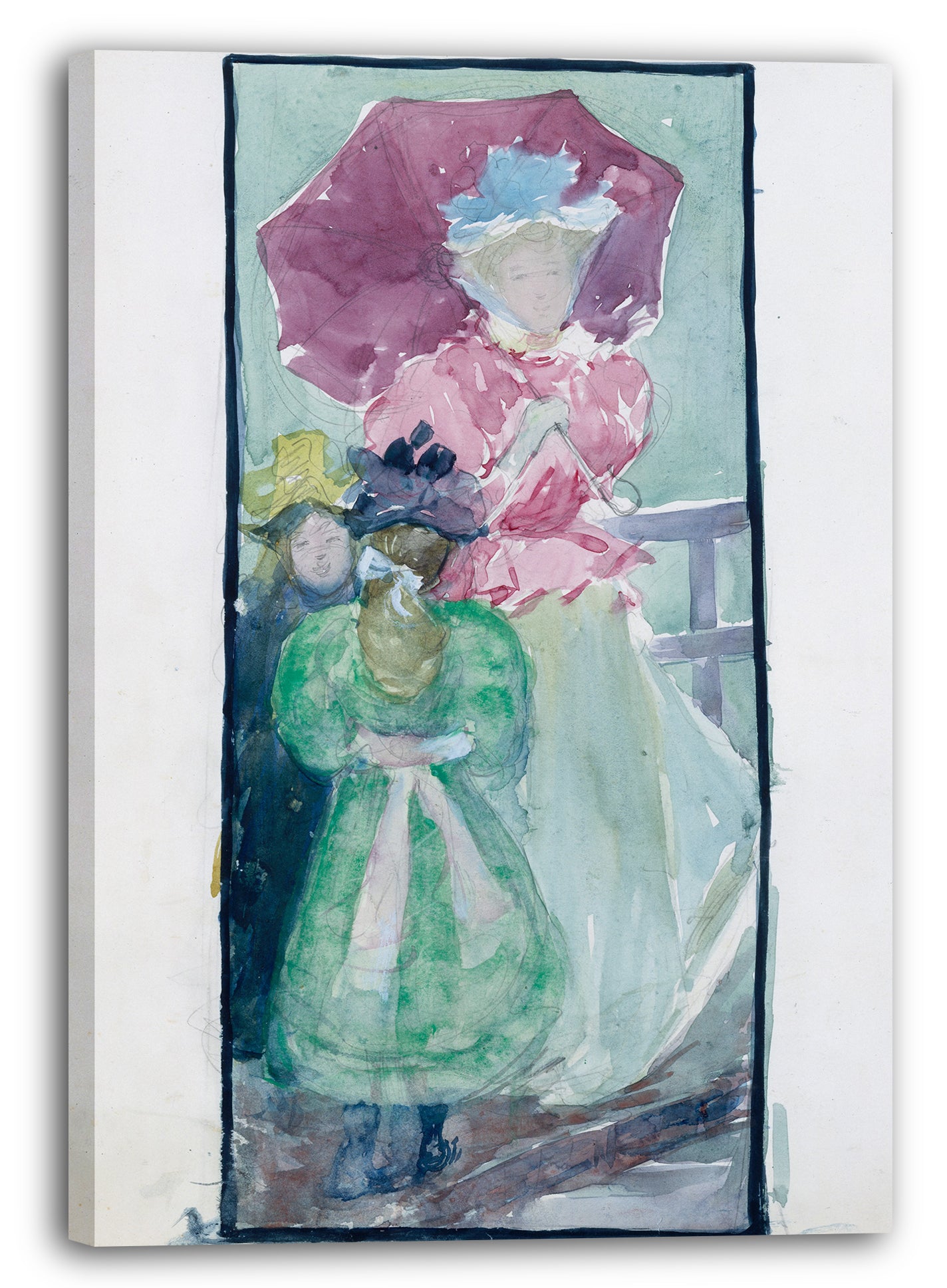 Leinwandbild Maurice Brazil Prendergast - Großes Boston Public Garden Sketchbook: Zwei junge Mädchen und eine Frau mit Sonnenschirm
