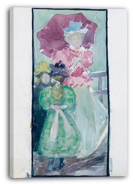 Leinwandbild Maurice Brazil Prendergast - Großes Boston Public Garden Sketchbook: Zwei junge Mädchen und eine Frau mit Sonnenschirm