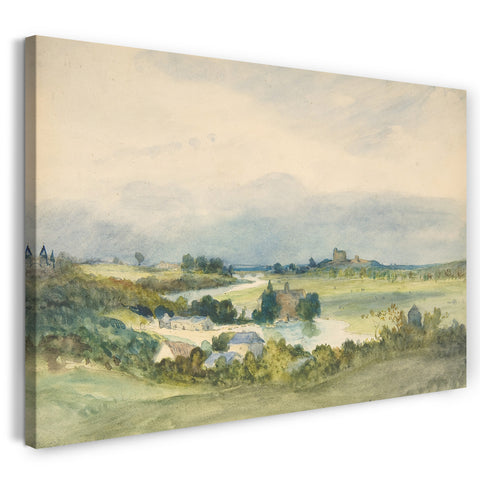 Leinwandbild Antoine Chintreuil - Weitläufiger Landschaftsprospekt mit einem befestigten Gebäude auf dem Hügel im Hintergrund (recto); Studie einer Landschaft und einer weiblichen Figur (Rückseite)