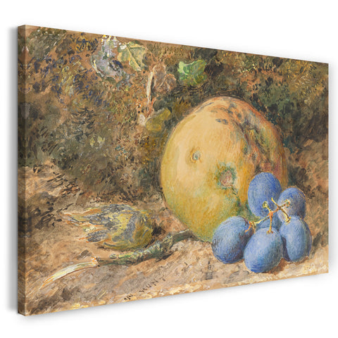 Leinwandbild William Henry Hunt - Ein Apfel, Trauben und eine Haselnuss auf einer moosigen Bank