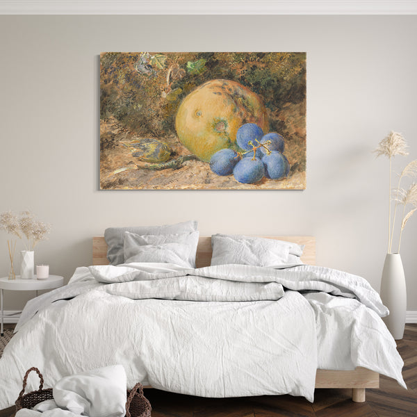 Leinwandbild William Henry Hunt - Ein Apfel, Trauben und eine Haselnuss auf einer moosigen Bank