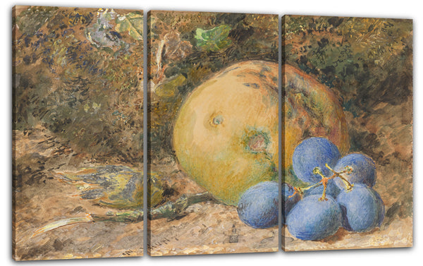 Leinwandbild William Henry Hunt - Ein Apfel, Trauben und eine Haselnuss auf einer moosigen Bank