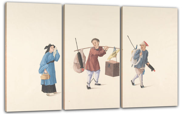 Leinwandbild Anonym, Chinesisch, 19. Jahrhundert - Chinesische Frau, Mann mit den Beinen angekettet und ein anderer, der einen Sonnenschirm und einen Bündel trägt