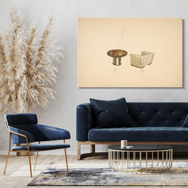 Top-Angebot Kunstdruck Guglielmo Ulrich - Tavolino tavolo e paltrona [Perspektive des Lounge Chair mit gestepptem Rücken und einem Säulentisch] Leinwand auf Keilrahmen gespannt