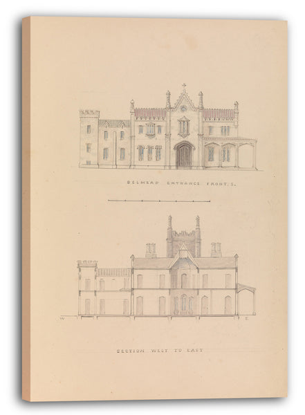 Top-Angebot Kunstdruck Alexander Jackson Davis - "Belmead", James River, Virginia: Eingangsfassade und West-Ost-Abschnitt (recto); Nord-Süd-Schnitt und oberer Grundriss (Rückseite) Leinwand auf Keilrahmen gespannt