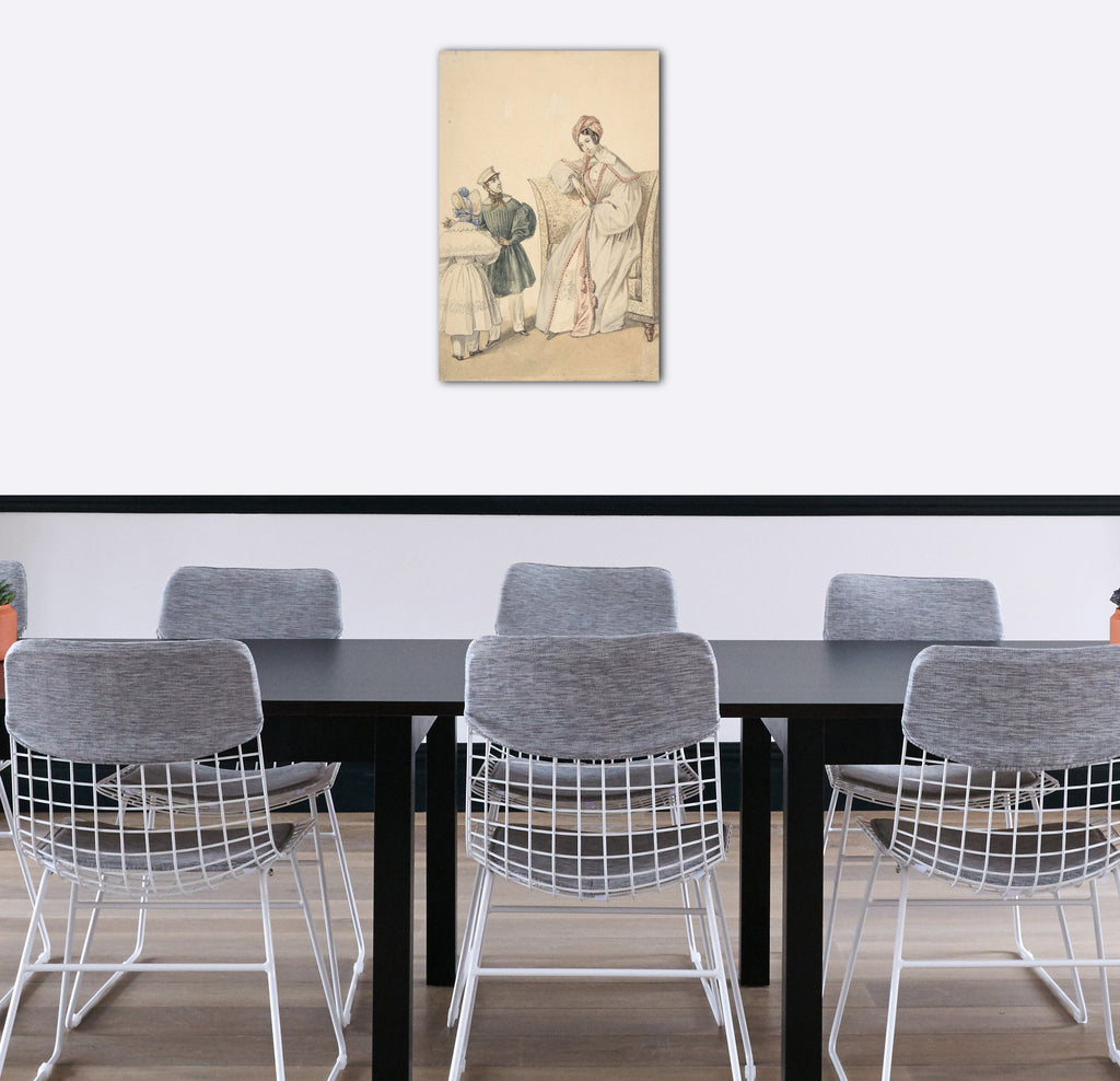 Top-Angebot Kunstdruck Pierre-Numa Bassaget, genannt Numa - Mode-Zeichnung mit einer Frau, die in einem Stuhl mit einem Jungen und einem Mädchen sitzt Leinwand auf Keilrahmen gespannt