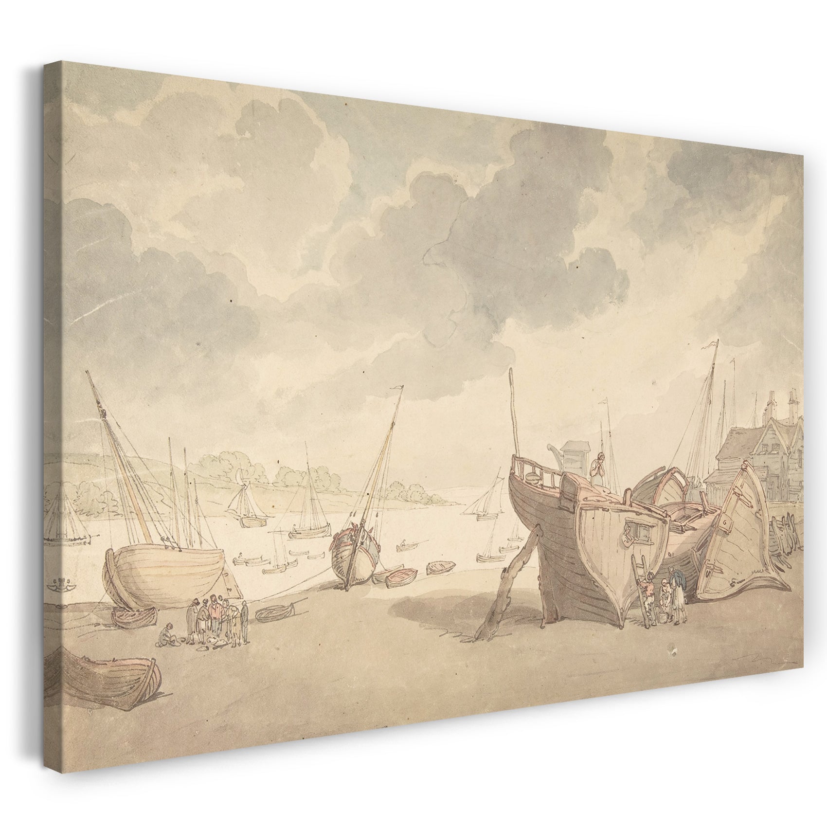 Leinwandbild Thomas Rowlandson - Hafenszene mit der Flut und gestrandeten Booten
