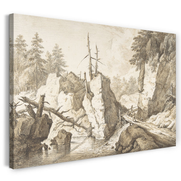 Leinwandbild Franz Schütz - Schweizer Berglandschaft mit kleiner Brücke, die einen Bach überquert