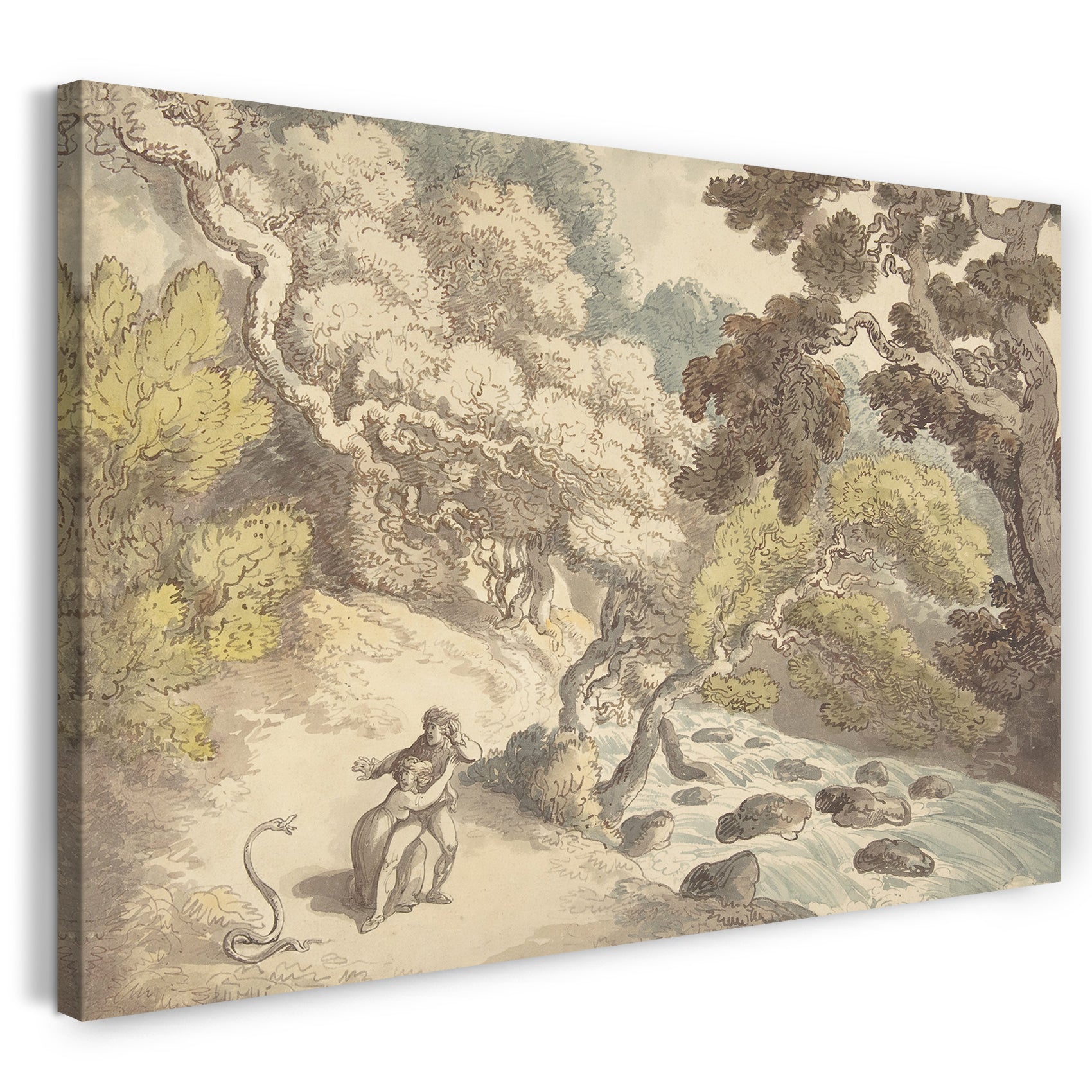 Leinwandbild Thomas Rowlandson - Landschaft mit schnellendem Strom und ein Paar am Ufer, erschrocken von einer Schlange