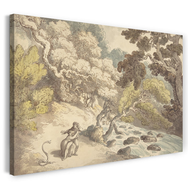 Leinwandbild Thomas Rowlandson - Landschaft mit schnellendem Strom und ein Paar am Ufer, erschrocken von einer Schlange