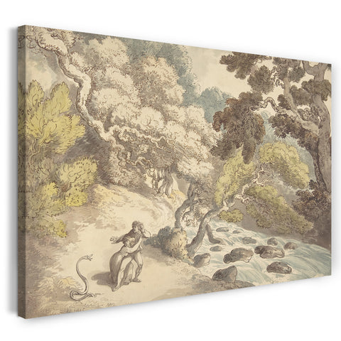 Leinwandbild Thomas Rowlandson - Landschaft mit schnellendem Strom und ein Paar am Ufer, erschrocken von einer Schlange