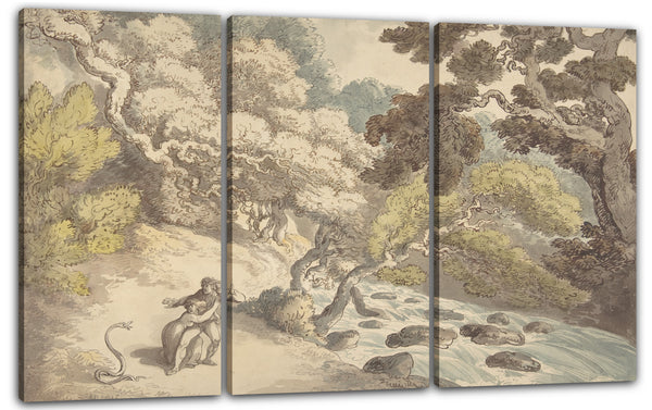 Leinwandbild Thomas Rowlandson - Landschaft mit schnellendem Strom und ein Paar am Ufer, erschrocken von einer Schlange