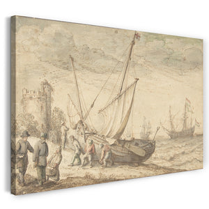 Leinwandbild Adam Willaerts - Fischer schleppen ihr Boot auf die Küste