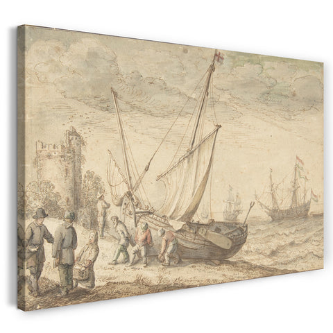 Leinwandbild Adam Willaerts - Fischer schleppen ihr Boot auf die Küste