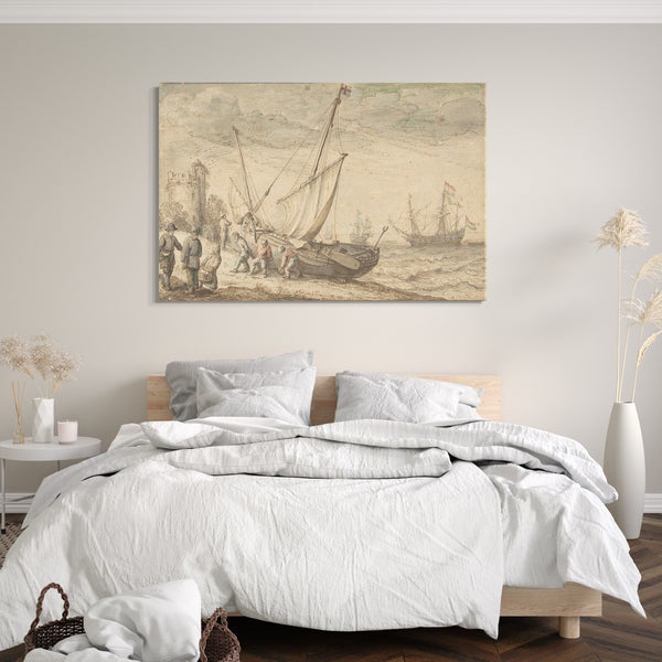 Leinwandbild Adam Willaerts - Fischer schleppen ihr Boot auf die Küste