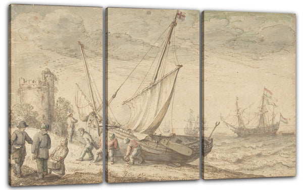 Leinwandbild Adam Willaerts - Fischer schleppen ihr Boot auf die Küste