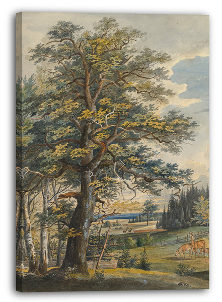 Leinwandbild Carl August Lebschee - Bewaldete Landschaft mit Hirsch
